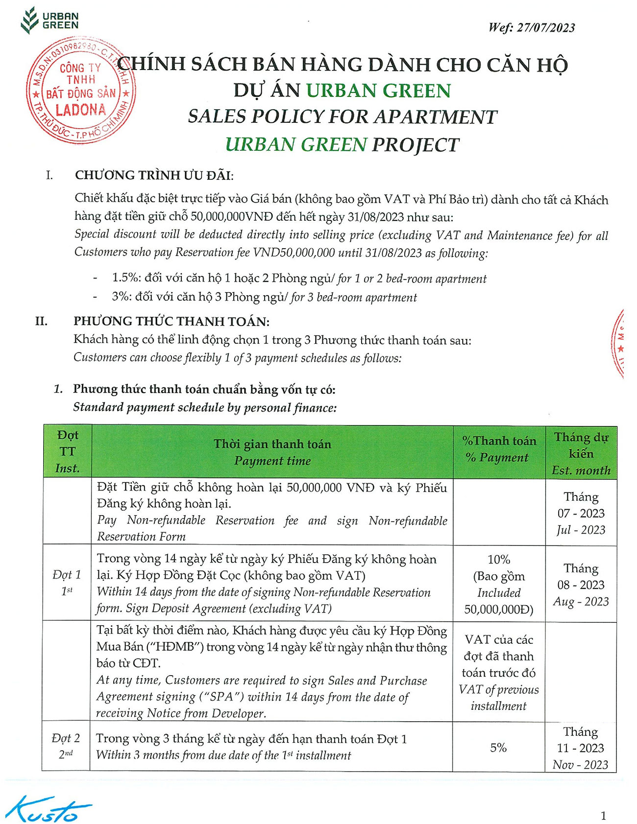 Chính sách thanh toán Urban Green Thủ Đức tháng 08/2023